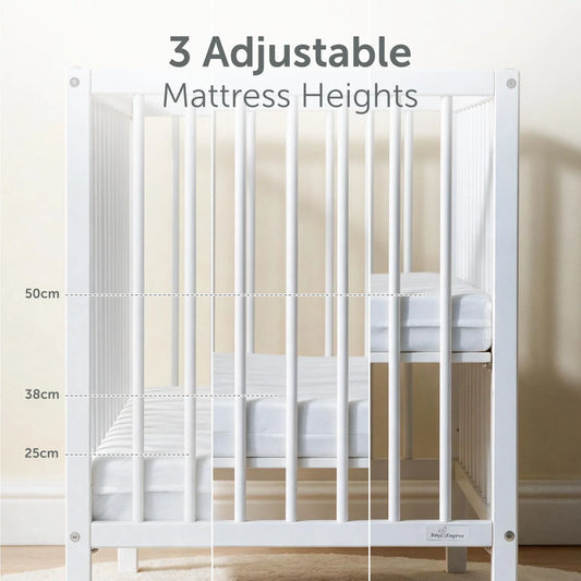 Baby Elegance Kim cot showing its three adjustable mattress heights