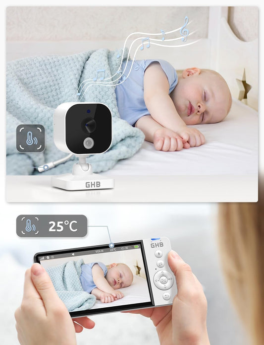 GHB video baby monitor mounted beside a sleeping baby's cot