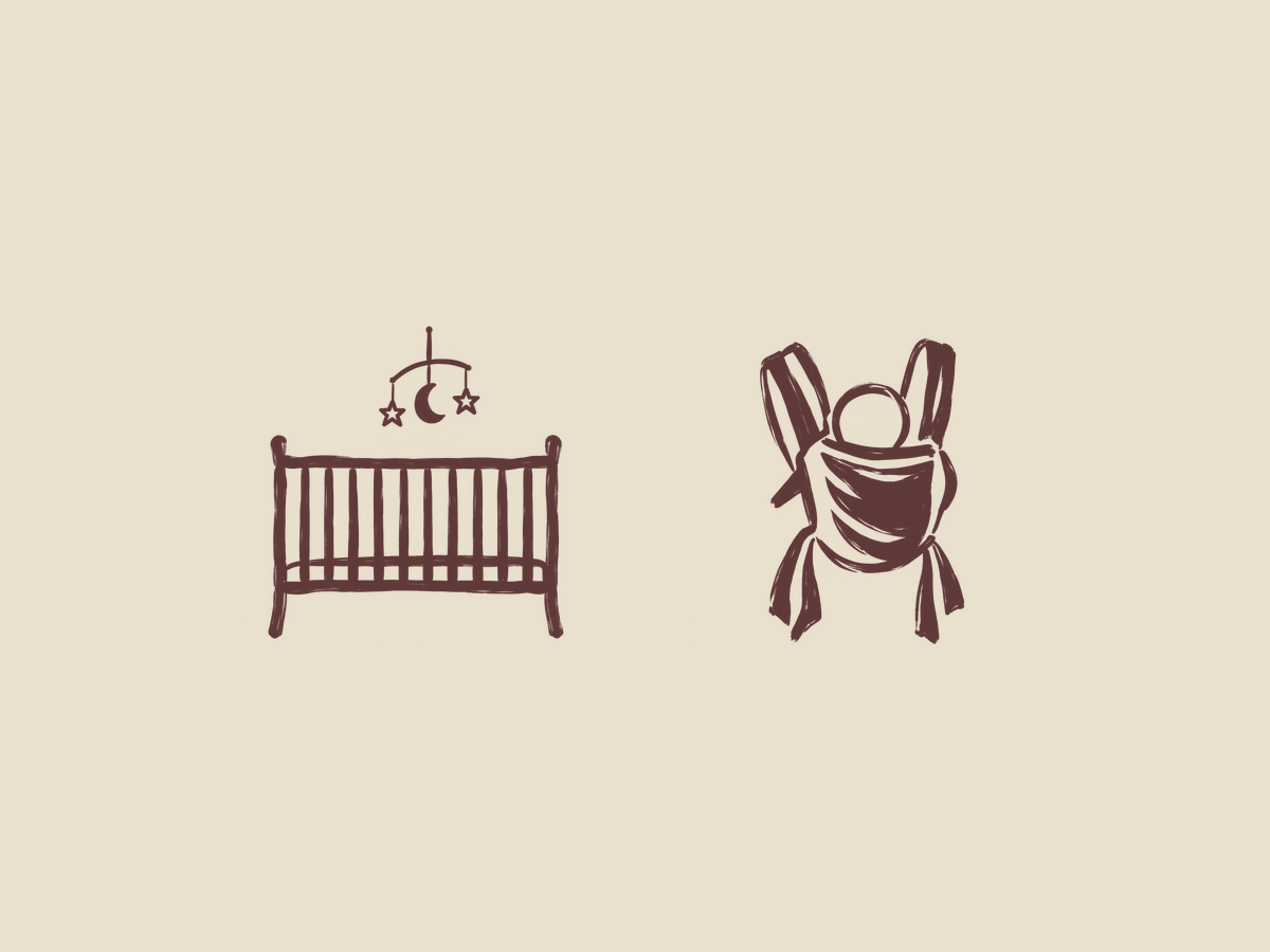 Illustrated cot and carrier icons — baby equipment hire for 0–6 months