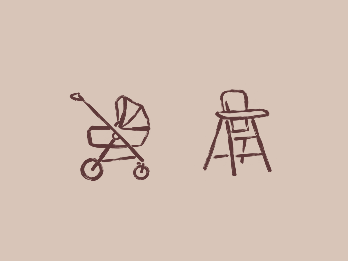 Illustrated stroller and high chair icons — equipment hire for children aged 1–3 years