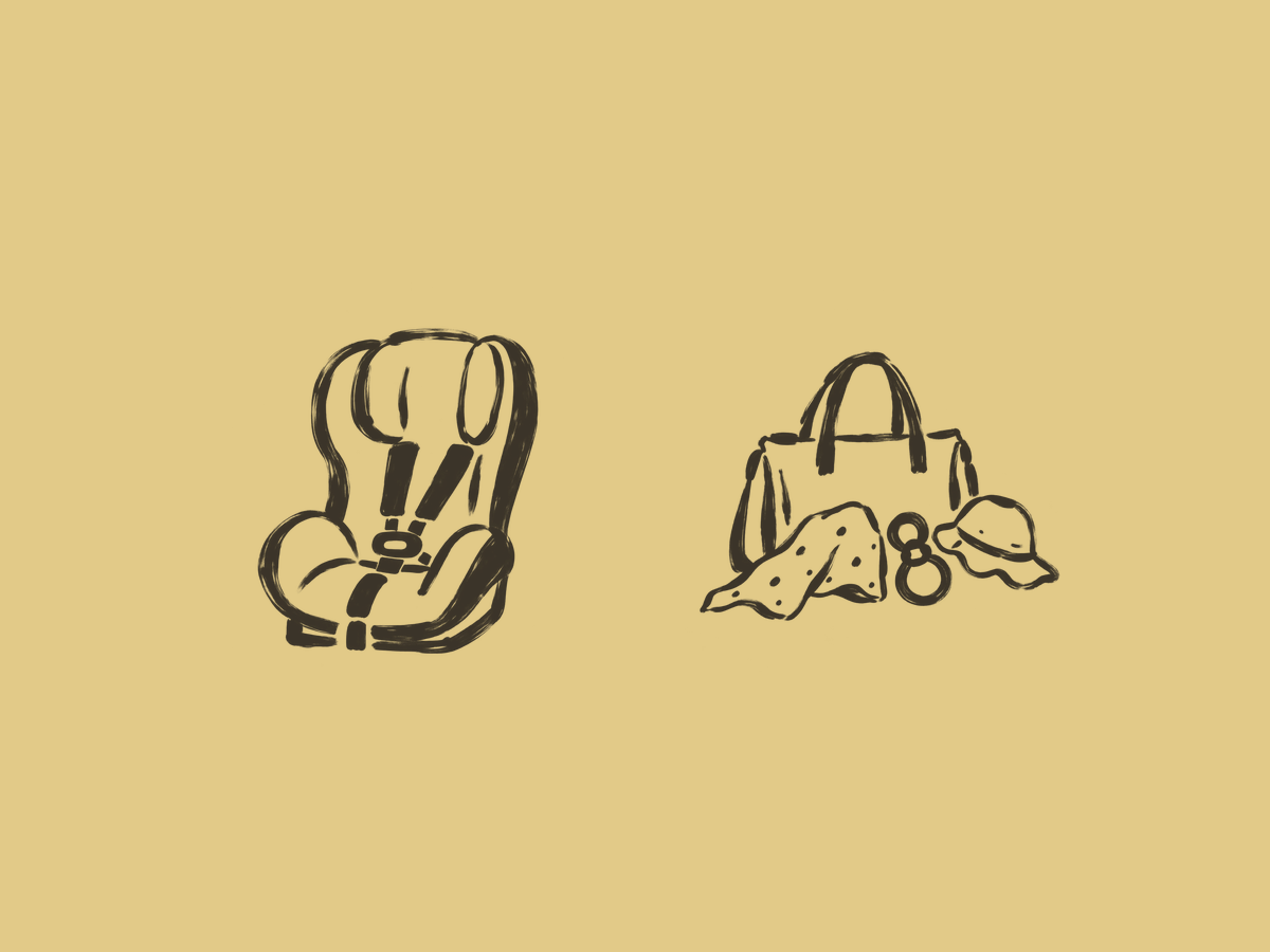 Illustrated car seat and accessories icons — equipment hire for children aged 3–5 years