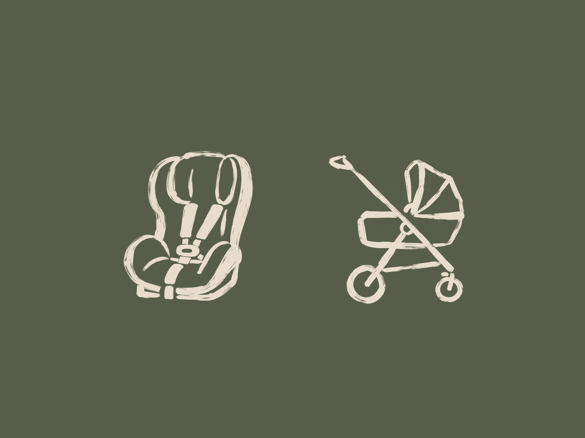 Illustrated booster seat and stroller icons — equipment hire for children aged 5–10+ years