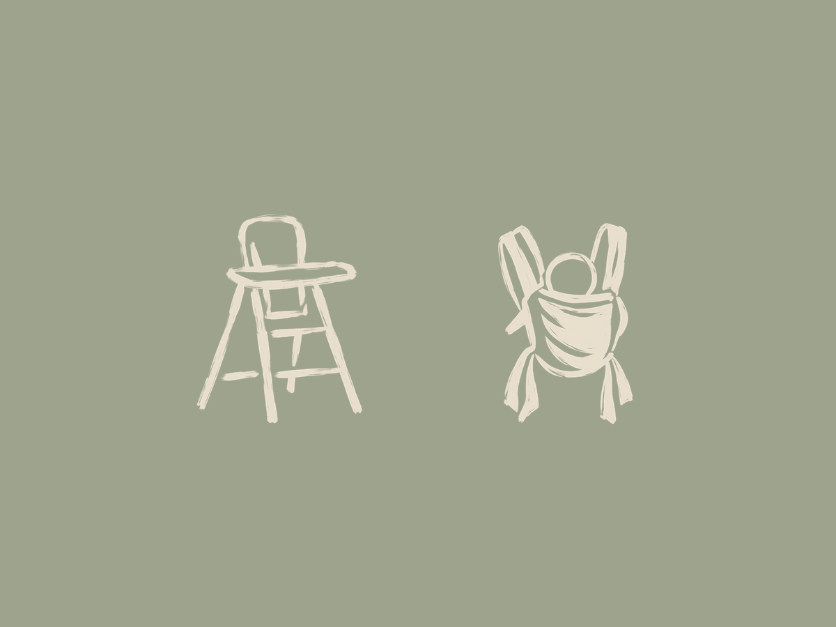 Illustrated high chair and carrier icons — baby equipment hire for 6–12 months