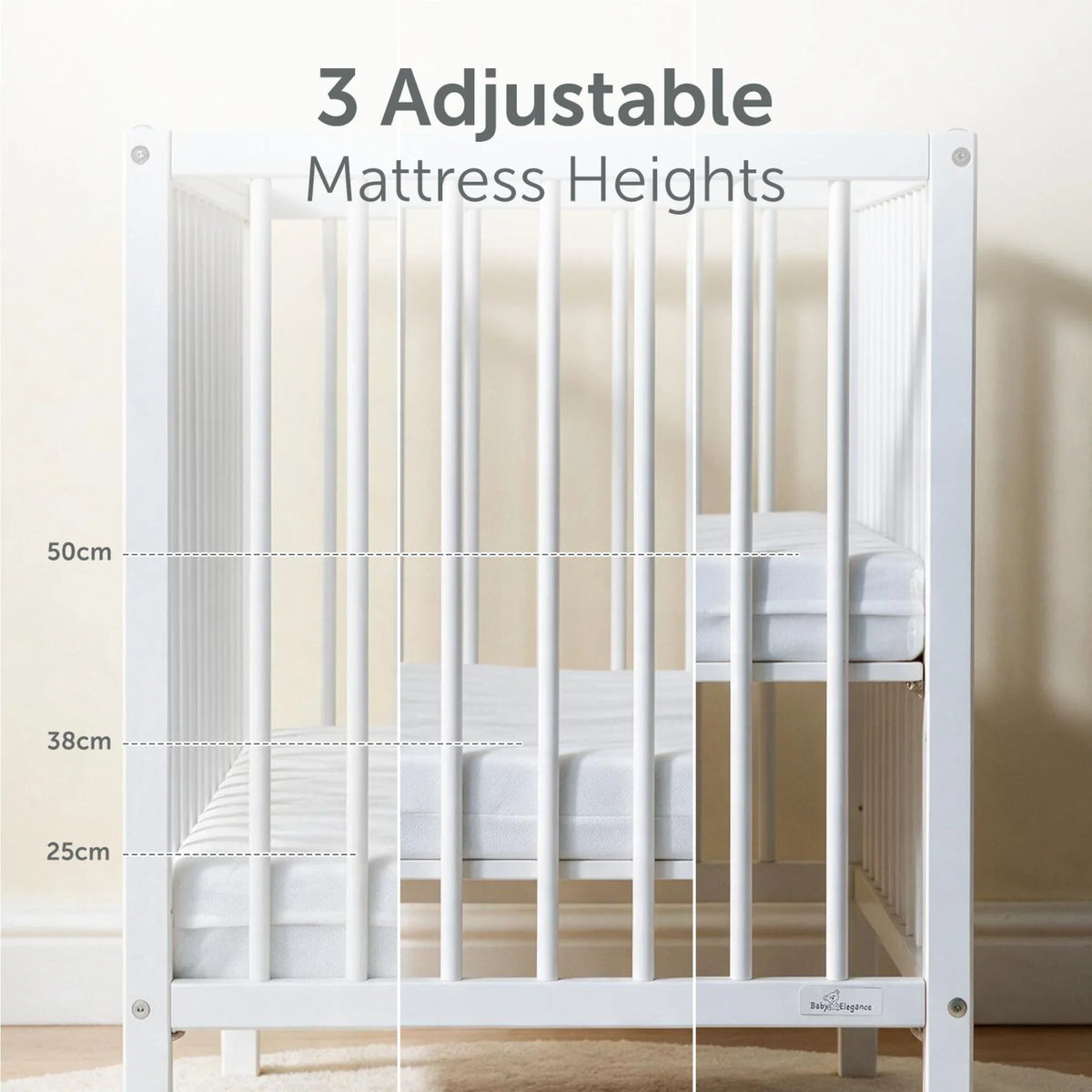 Baby Elegance Kim cot showing its three adjustable mattress heights