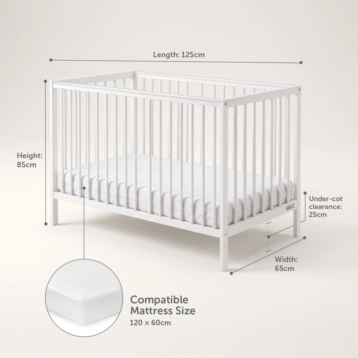 Baby Elegance Kim cot dimensions diagram – 125 x 65 cm, fits a 120 x 60 cm mattress