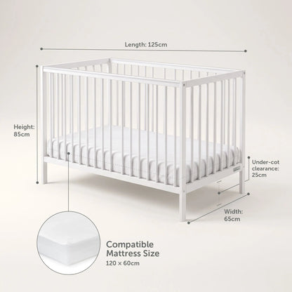 Baby Elegance Kim cot dimensions diagram – 125 x 65 cm, fits a 120 x 60 cm mattress