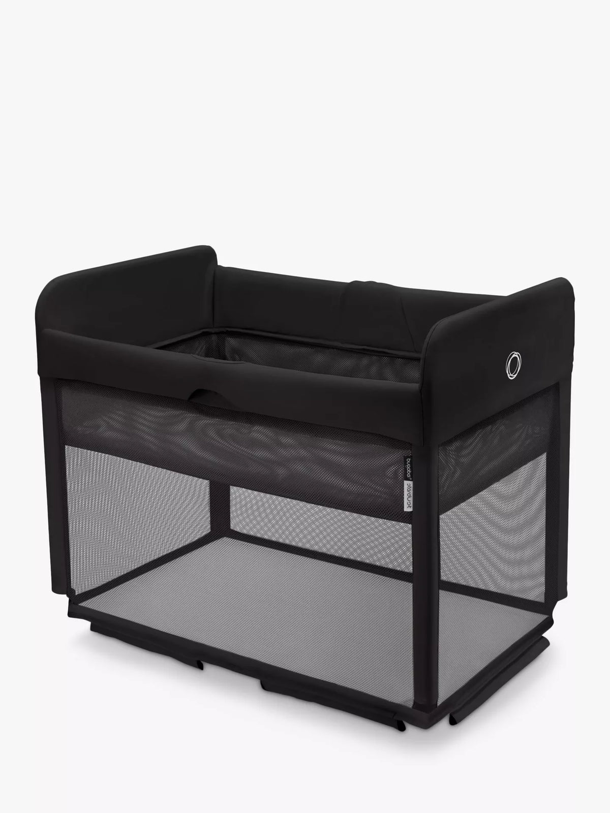 Bugaboo Stardust travel cot in black with the bassinet raised for a newborn