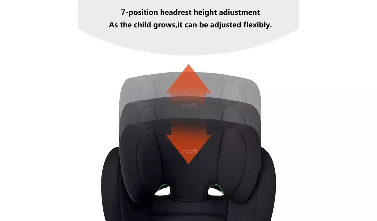Seven-position headrest adjustment on the Cuggl high back booster