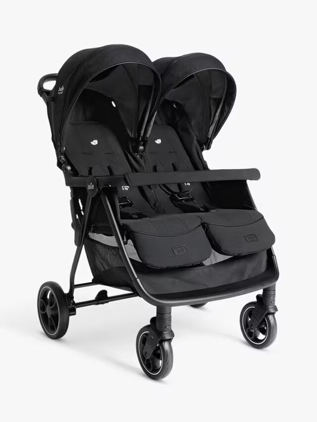 Joie Signature Estrella double stroller in black, three-quarter view