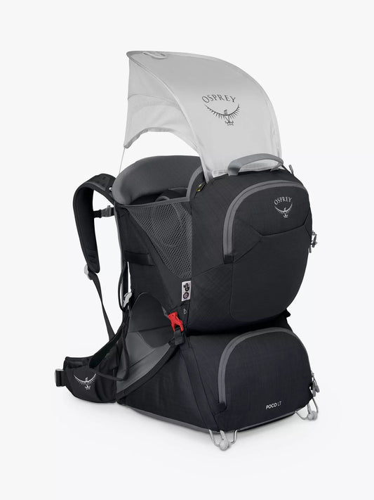 Osprey Poco LT child carrier with its sunshade extended