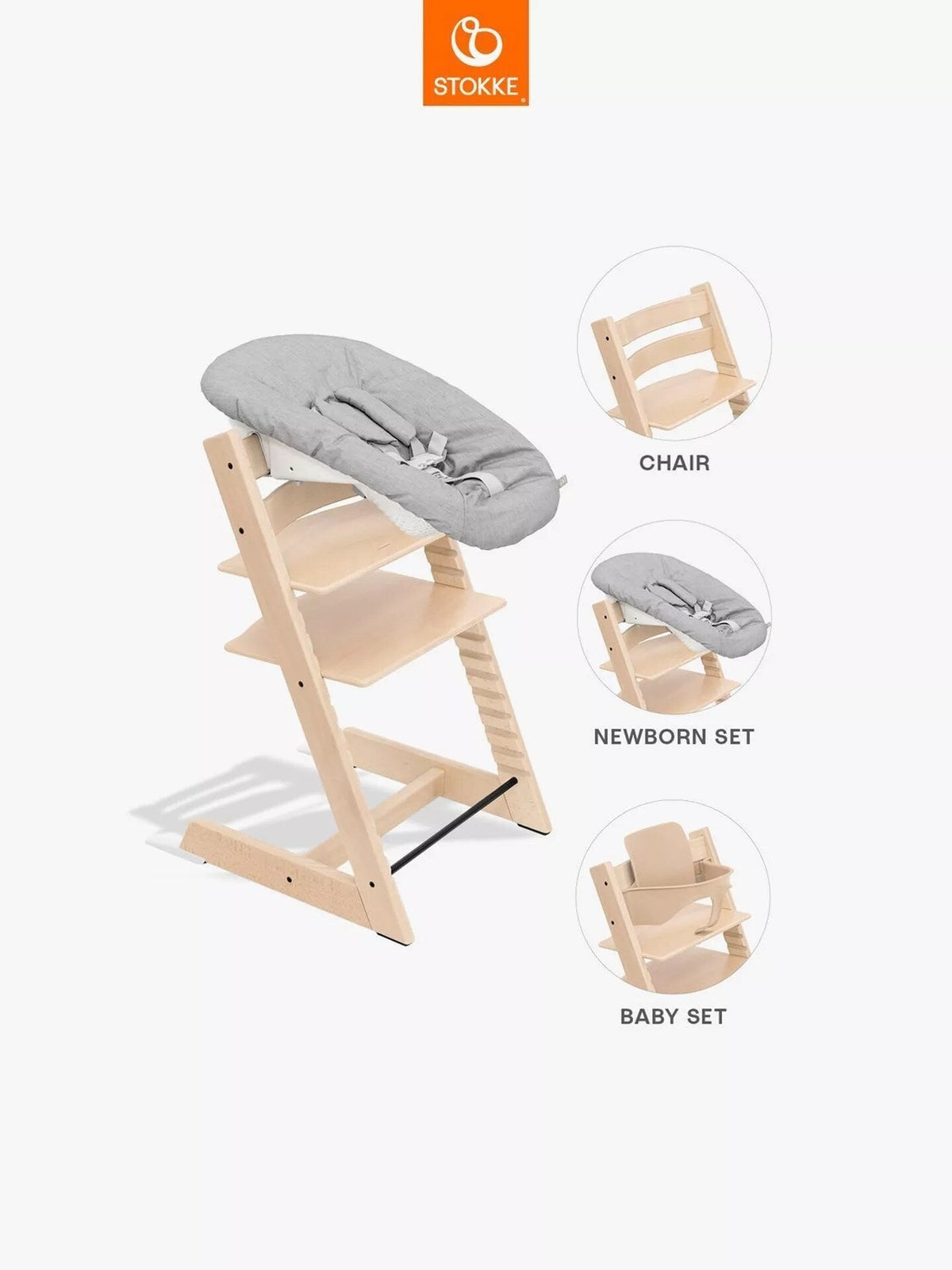Stokke Tripp Trapp with the Newborn Set and Baby Set accessories